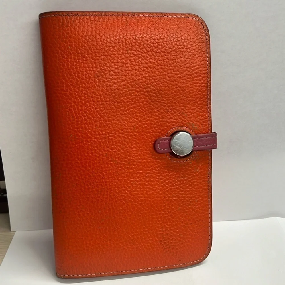 Orange Italian Pebbled Leather Pull Through Closure Clutch Wallet 7.5 x 4.5
